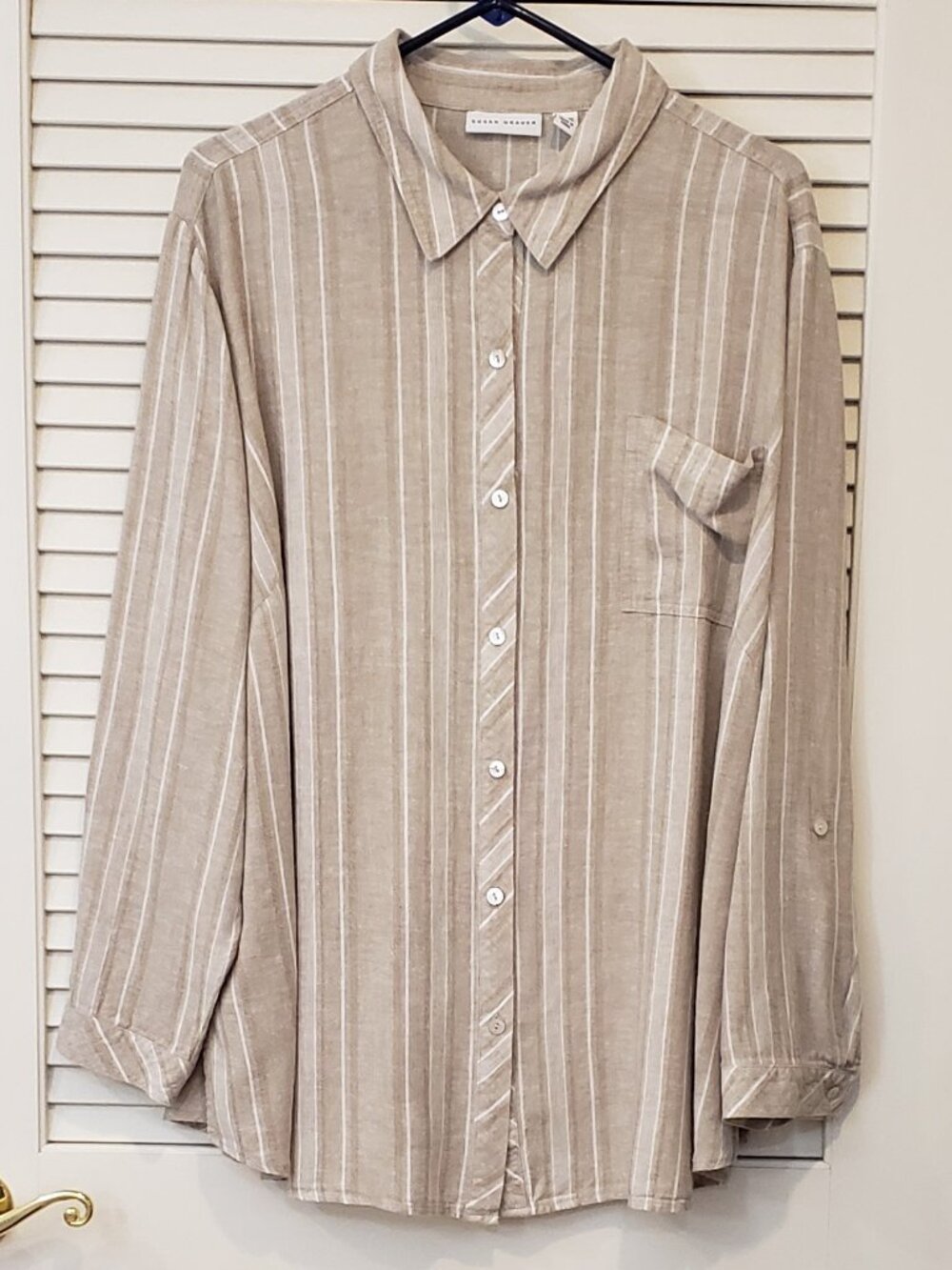 Susan Graver Women's tan/ white striped linen/ rayon blend shirt Size 2X